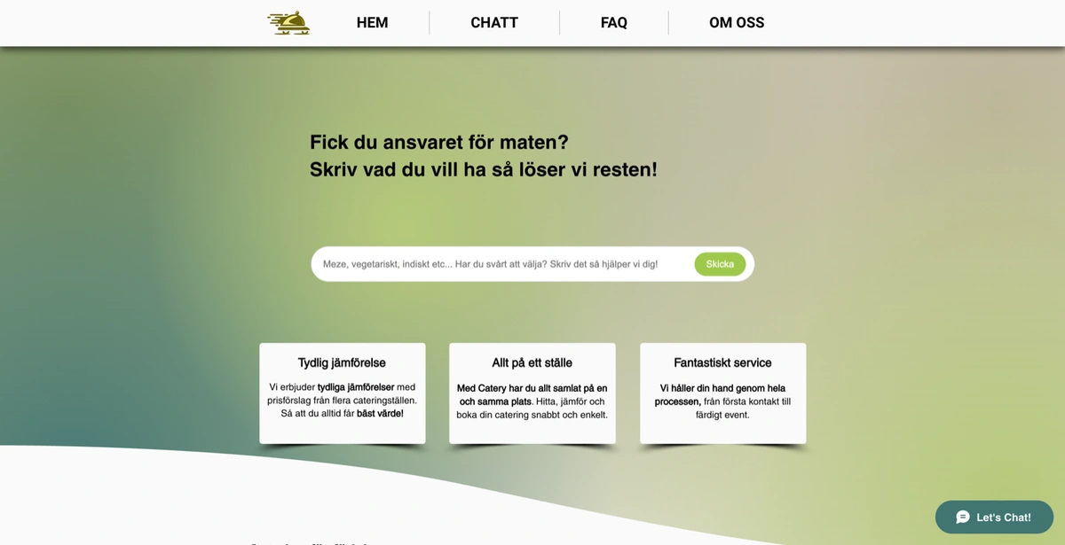 Catery's Swedish homepage on a green gradient, with a catering request field and three cards explaining the service.