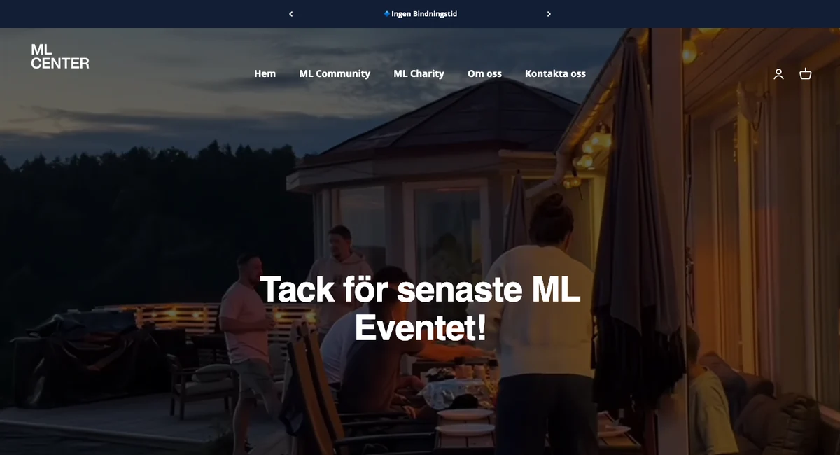 ML Center's Swedish homepage: 'Tack för senaste ML Eventet!' over a photo of guests at an outdoor evening gathering.